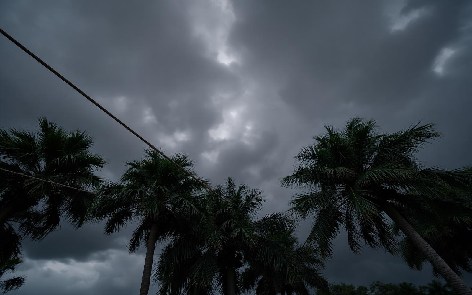 Palm and oak canopy under a dark Florida storm sky with a rigging line running through the frame